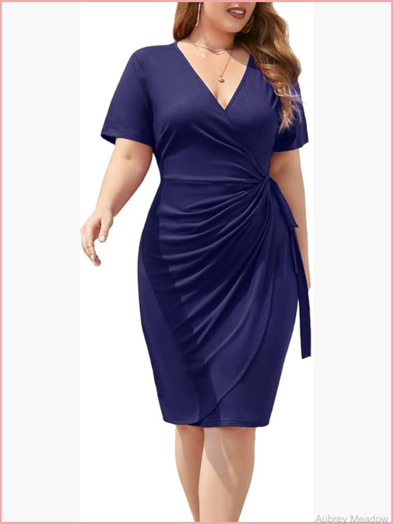 Plus Size Wrap V Neck Dress Ruched Tie Waist Short Sleeve Knee Length